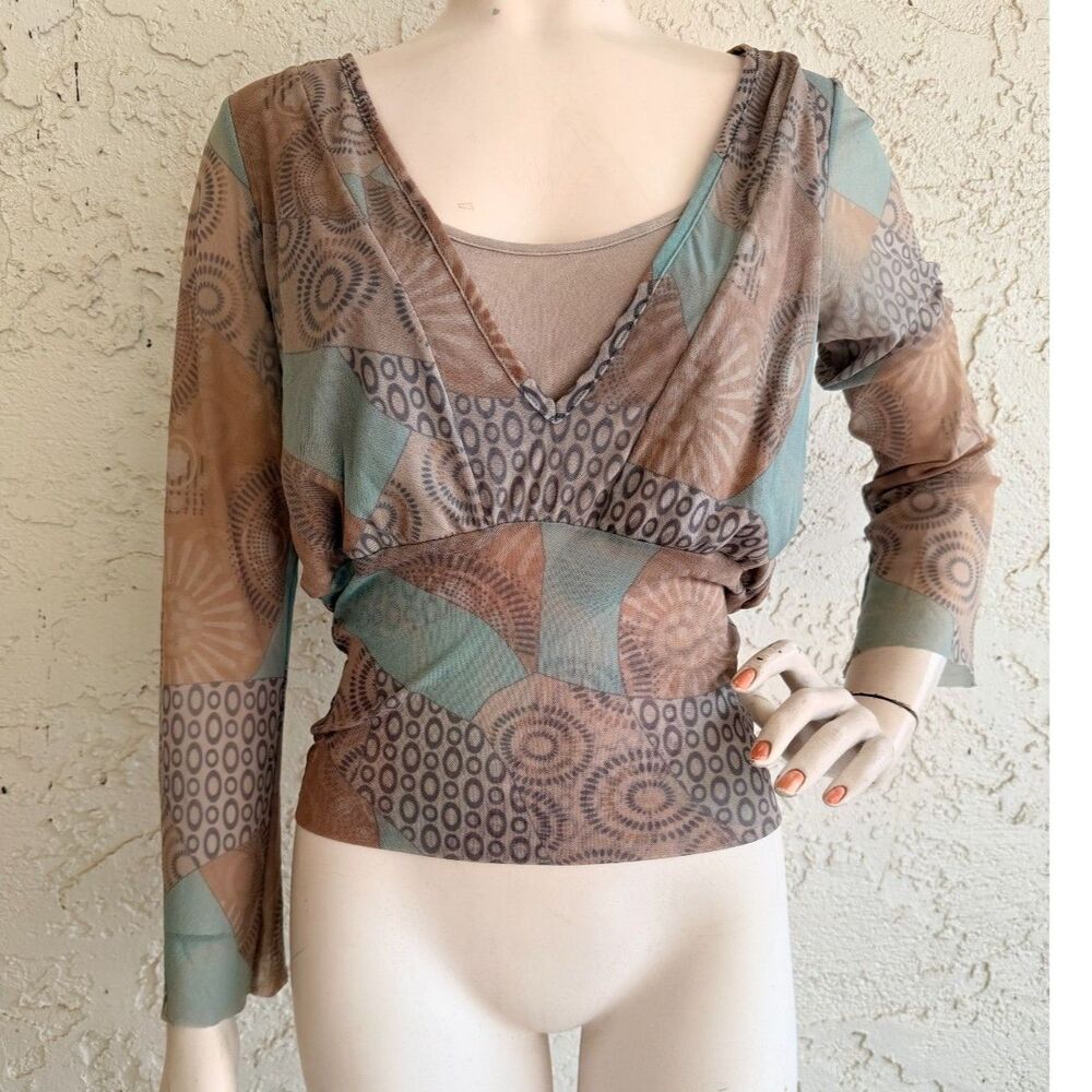 SWEET PEA Stacy Frati Mesh Top Y2K Light Blue Taupe Faux Wrap Long Sleeve M